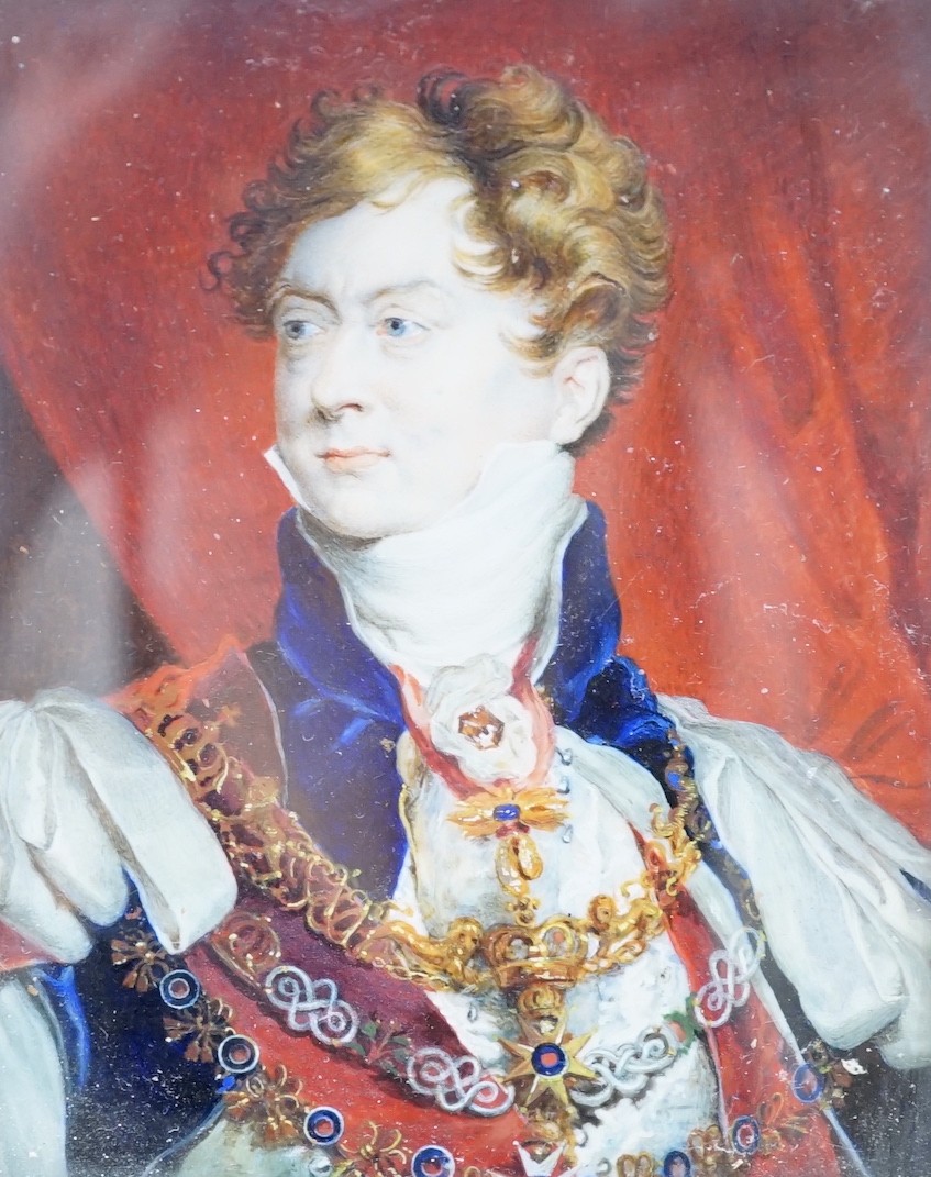 19th century English School, watercolour on ivory, Miniature portrait of George IV, 12 x 9.5cm